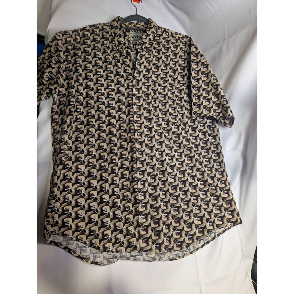 NAK Men’s M Brown Beige Black Cotton Short Sleeve Geometric Button-Up Shirt
